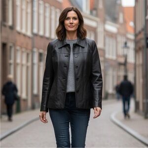 JL Colebrook BLACK LEATHER Button Jacket Moto Women’s Med Biker Purple Lining M